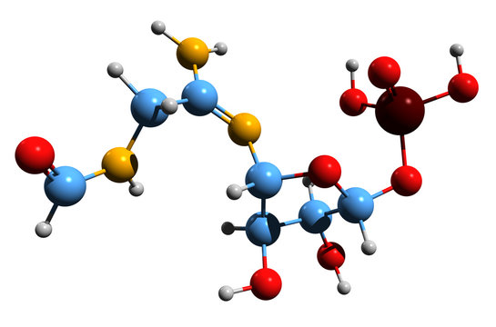 3D image of 5-Phosphoribosylformylglycinamidine skeletal formula - molecular chemical structure of FGAM isolated on white background
