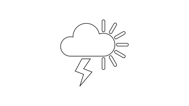 Black line Storm icon isolated on white background. Cloudy with lightning and sun sign. Weather icon of storm. 4K Video motion graphic animation