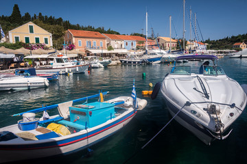 Fiskado, Kefalonia, Greece - July 2014: the harbour at Fiskado