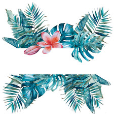 Tropical watercolor frame with tropical leaves and flower