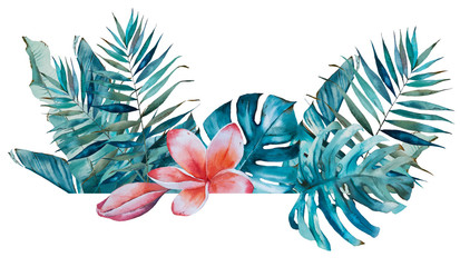 Tropical watercolor bouquet with tropical leaves and flower