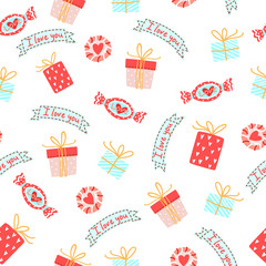 Seamless Pattern for Valentines day with cute candies with heart and gift boxes