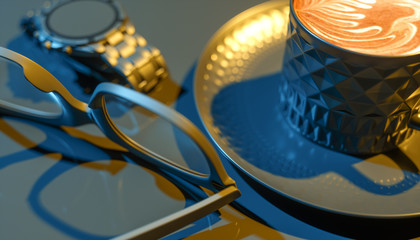watch glasses and a cup of coffee on a black background in blue and yellow lighting