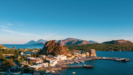 Beautiful panoramic aerial view photo from flying drone on Vulcano Island to Lipari and Salina...