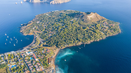 Beautiful panoramic aerial view photo from flying drone on Vulcano Island to Lipari and Salina...