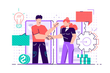 partners handshaking through smartphone screens