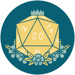 natural 20 D20 dice roll with floral elements illustration