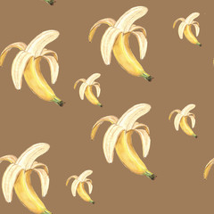 Watercolor illustration seamless pattern of bananas on a brown background