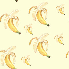 Watercolor illustration of a seamless banana pattern on a beige background