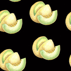 Watercolor illustration of a melon pattern on a black background