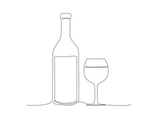 Continuous bottle and glass of wine line stock vector illustration isolated on white background