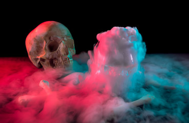Fototapeta Human skull near bones and thick white smoke flowing around for Day of Dead on dark background with red and green light. obraz