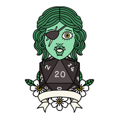 half orc rogue character with natural twenty dice roll illustration