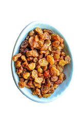 raisins, delicious dried grapes (fresh fruit vitamins) menu concept background. top view. copy space for text keto or paleo diet