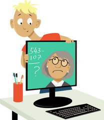 Little boy trying to hide from a teacher, conducting an on-line class, EPS 8 vector illustration