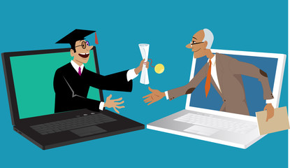 Professor handing a university diploma to a graduate communicating online, EPS 8 vector illustration