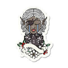 crying elf rogue character face with natural one D20 roll illustration