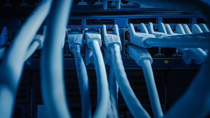 Close-up Macro Shot: Ethernet Cables Connected to Router Ports. Telecommunications: RJ45 Device Connectors Plugged into Modem Hubs.