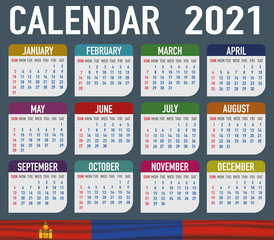 Mongolia Calendar with flag. Month, day, week. Simply flat design. Vector illustration background for desktop, business, reminder, planner