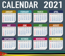 Mozambique Calendar with flag. Month, day, week. Simply flat design. Vector illustration background for desktop, business, reminder, planner