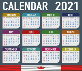 Canada Calendar with flag. Month, day, week. Simply flat design. Vector illustration background for desktop, business, reminder, planner