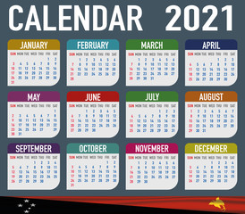 Papua New Guinea Calendar with flag. Month, day, week. Simply flat design. Vector illustration background for desktop, business, reminder, planner