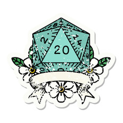 natural 20 critical hit D20 dice roll grunge sticker