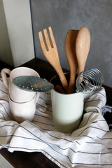 Kitchenware on the table. View from above