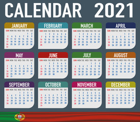 Portugal Calendar with flag. Month, day, week. Simply flat design. Vector illustration background for desktop, business, reminder, planner