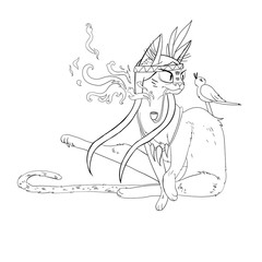 coloring page cat with a pipe in his mouth looking at a singing bird vector isolated on a white background