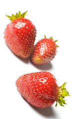 Three fresh ripe red strawberries, isolated on white with soft shadow. Studio shot