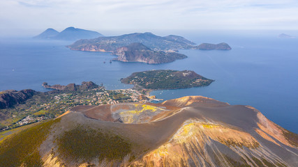 Beautiful panoramic aerial view photo from flying drone on Amazing grand Vulcano crater with...