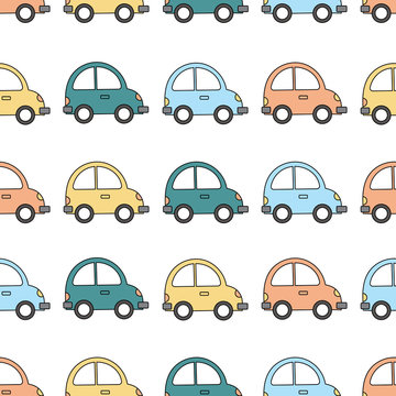 White vector pattern with cute colorful cars