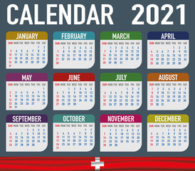 Switzerland Calendar with flag. Month, day, week. Simply flat design. Vector illustration background for desktop, business, reminder, planner