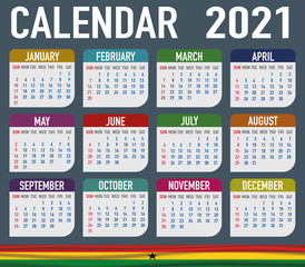 Ghana Calendar with flag. Month, day, week. Simply flat design. Vector illustration background for desktop, business, reminder, planner