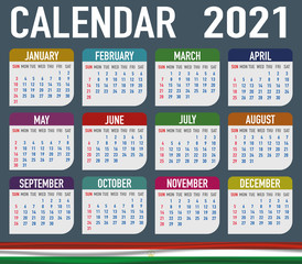 Tajikistan Calendar with flag. Month, day, week. Simply flat design. Vector illustration background for desktop, business, reminder, planner