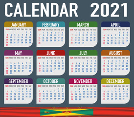 Grenada Calendar with flag. Month, day, week. Simply flat design. Vector illustration background for desktop, business, reminder, planner