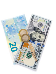 Dollar, euro and turkish lira isolated on white background. Currency exchange. Set of european euro, american dollar and turkish lira. Business and finance.