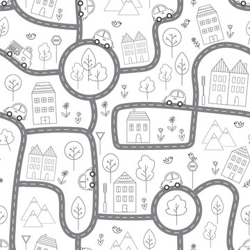 Black and white vector pattern with a city map