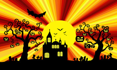 Vector Halloween background with a hunted  castle, graveyard, pumpkins on  trees and bats 