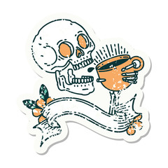grunge sticker with banner of a skull drinking coffee