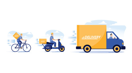 Online delivery service concept, online order tracking, delivery home and office. Warehouse, truck, drone, scooter and bicycle courier, delivery man in respiratory mask. Vector illustration