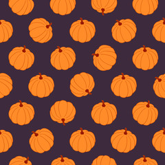 Hand-drawn pumpkins vector seamless pattern on purple background