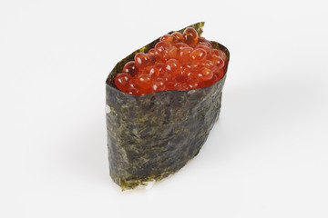 red caviar sushi on a white background