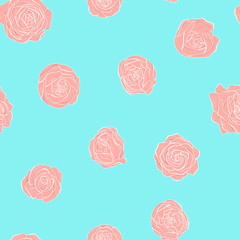 Seamless pattern with pink flowers on a blue background.