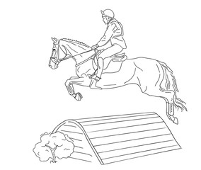 Rider on horse at equestrian event jumps over an obstacle