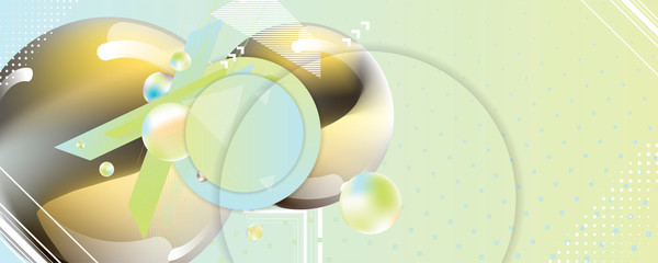 Dynamics abstract gray-green background. Large Modern shapes from different shape concept points and futuristic 3D objects