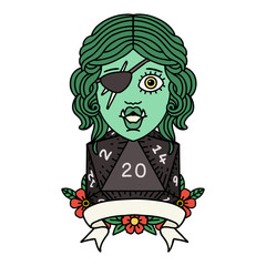 half orc rogue character with natural twenty dice roll illustration