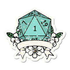 natural one d20 dice roll grunge sticker