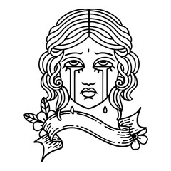 black linework tattoo with banner of female face crying